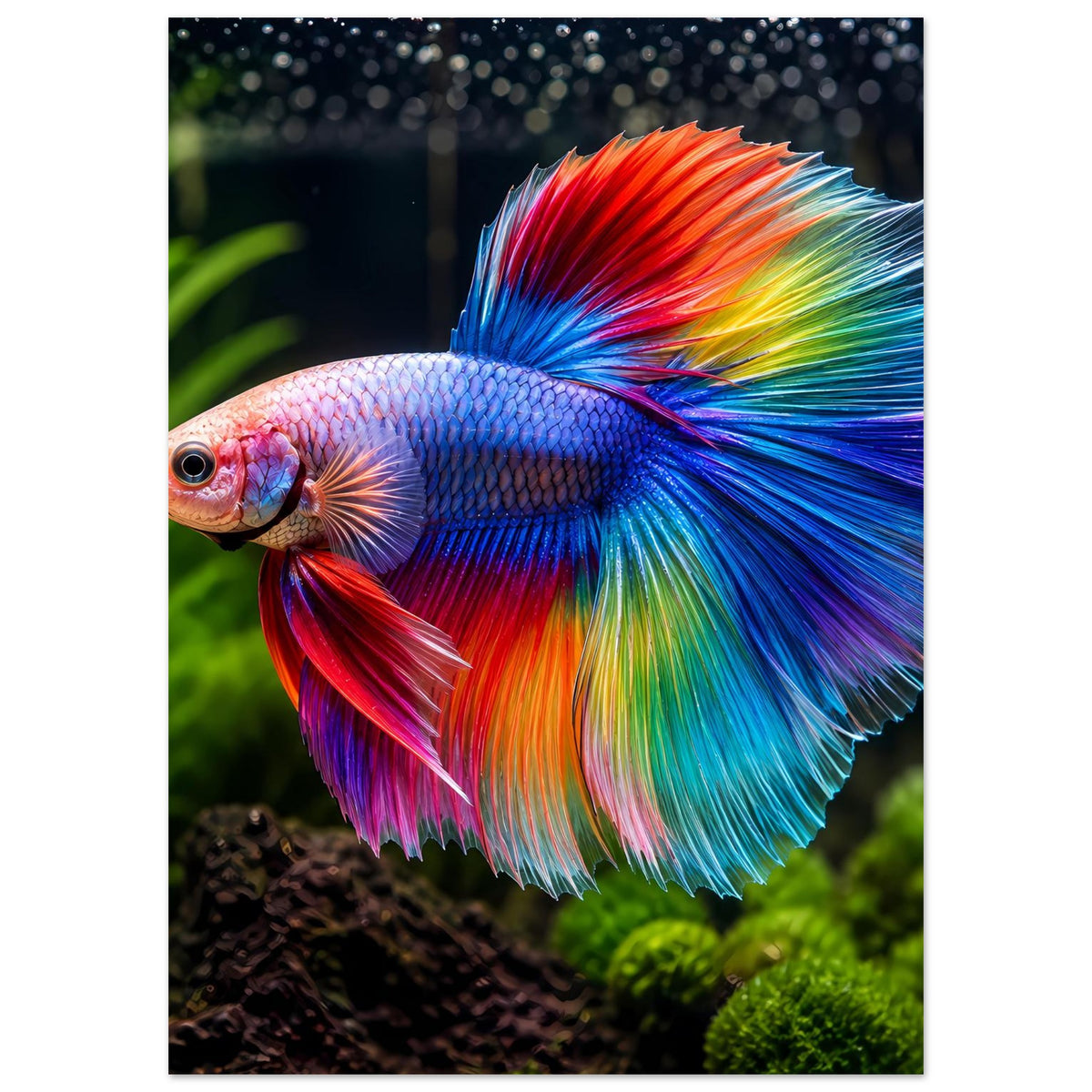 Poster im Hochformat mit Regenbogen-Bettafisch, große Flossenfächer mit Farbverlauf.