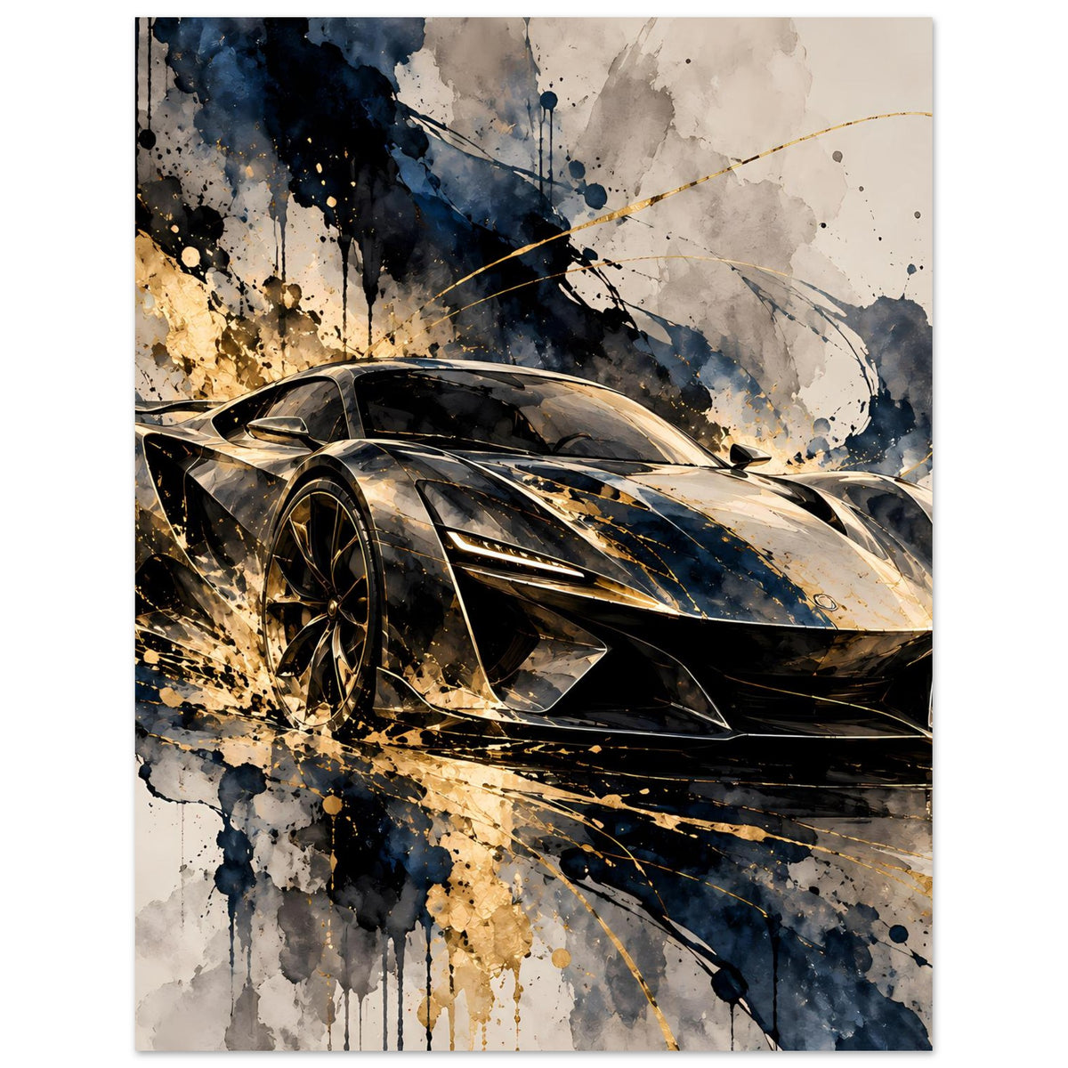 Poster mit Supersportwagen-Illustration: schwarze Karosserie mit goldenen Details, blau-graue Spritzer