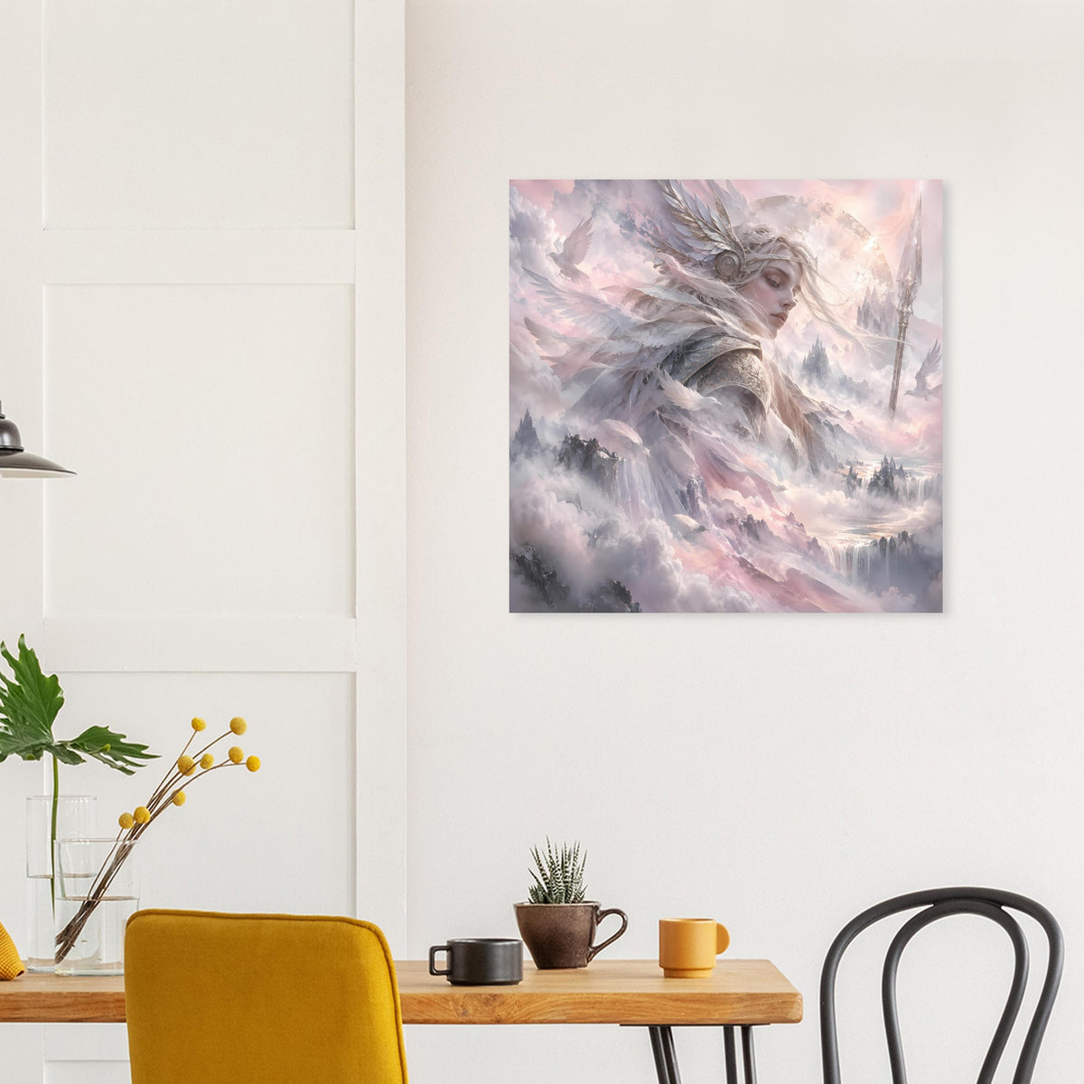 Nordisches Fantasy-Poster: Walküre mit Flügeln, pastelliger Nebel und Rauchwolken