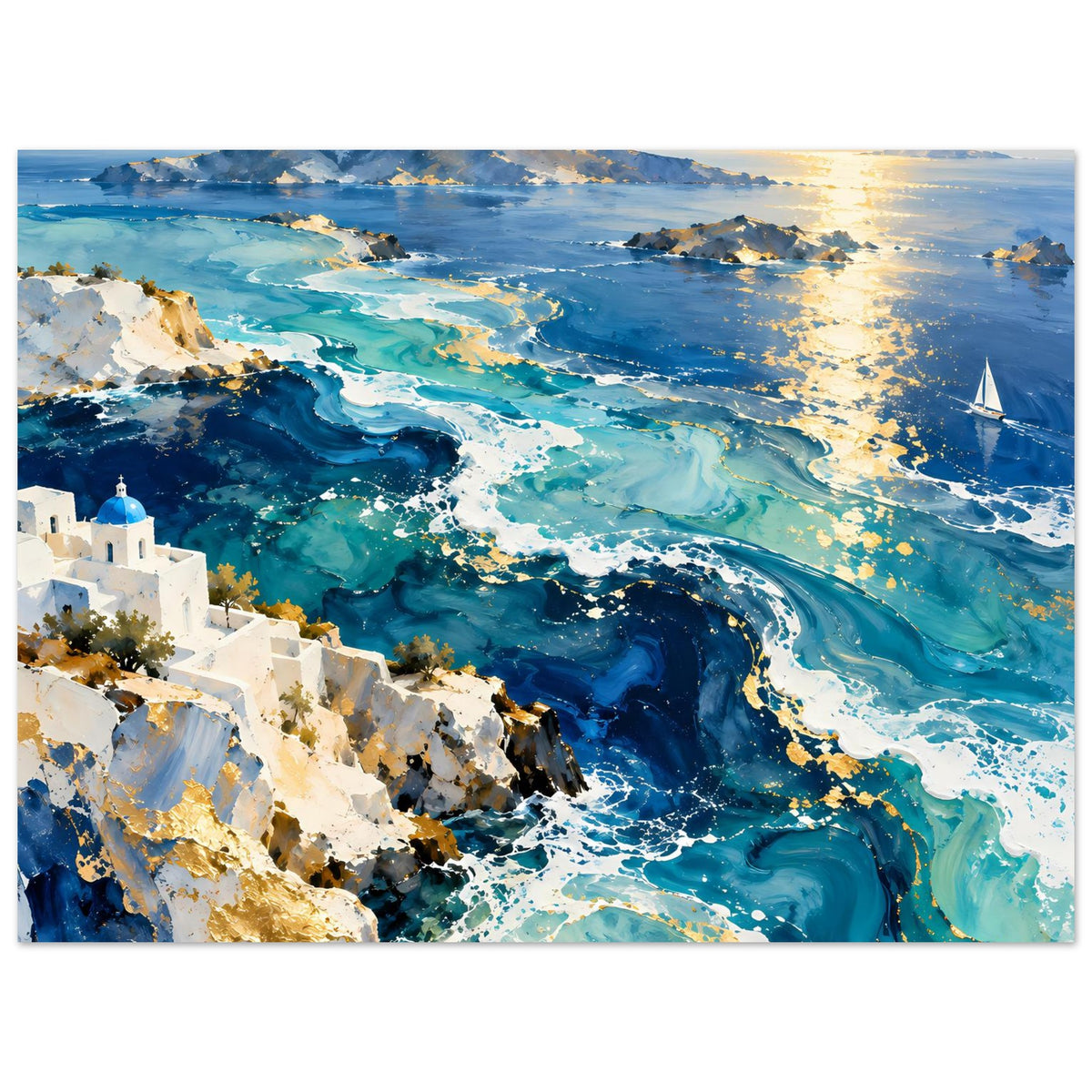 Horizontales Poster mit türkisblauer See, Küstenfelsen, schäumender Brandung und Segelboot