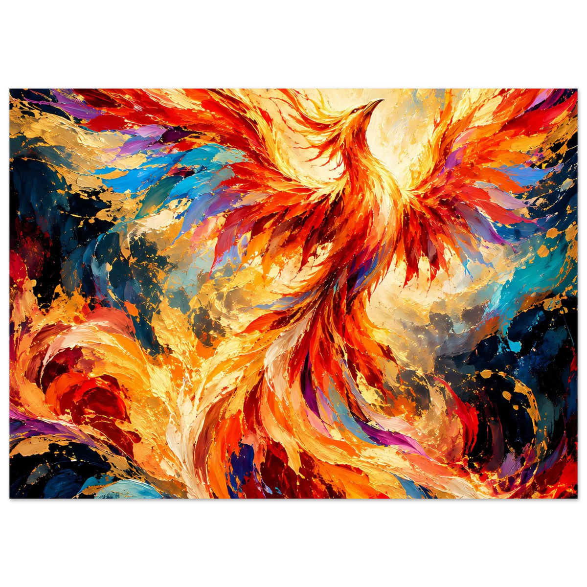 Leuchtendes Phönix-Porträt als Premium-Poster, horizontale Komposition mit Farbexplosion