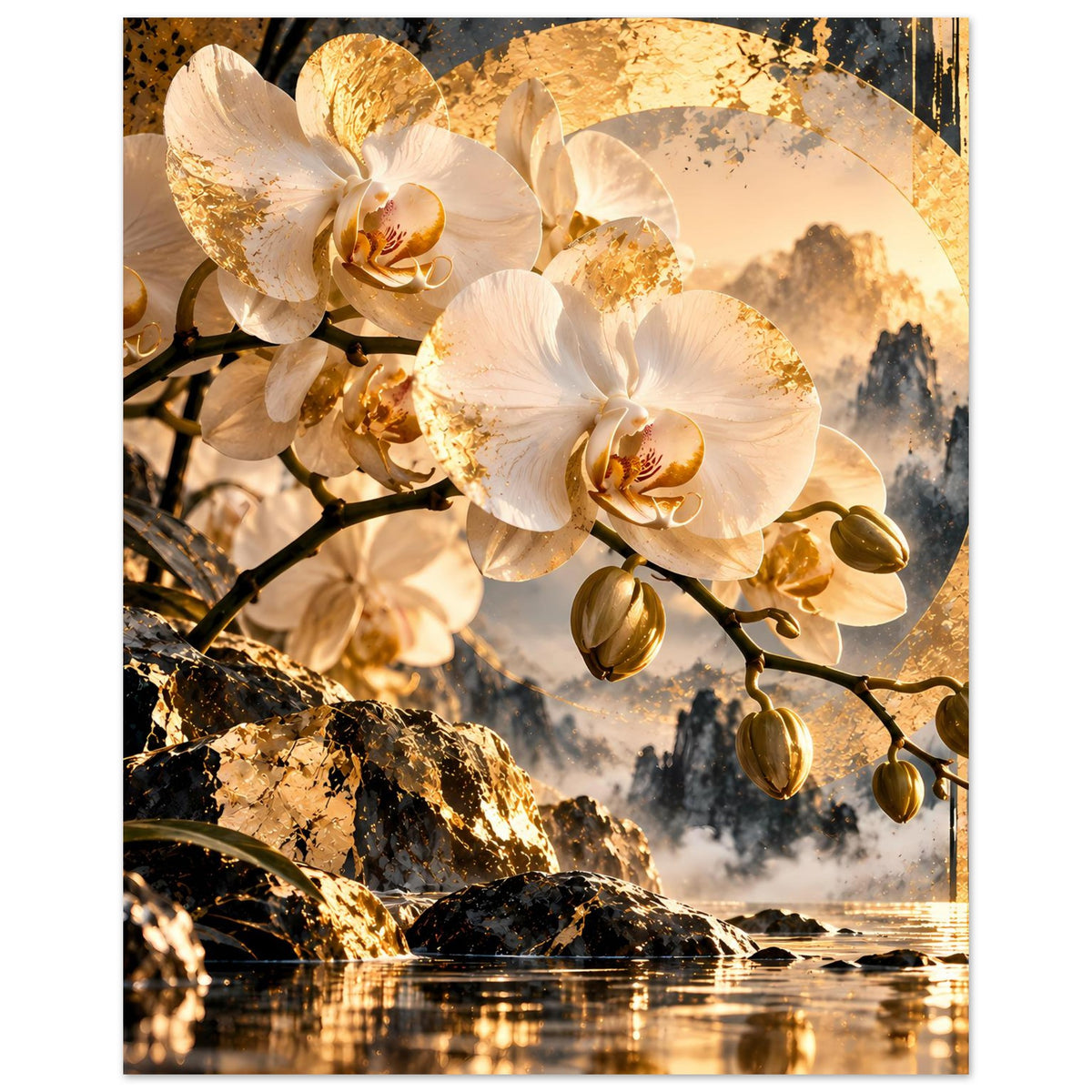 Orchideenwandbild mit weißen Blumen, goldem Kreis, schwarzen Ästen und goldener Spiegelung