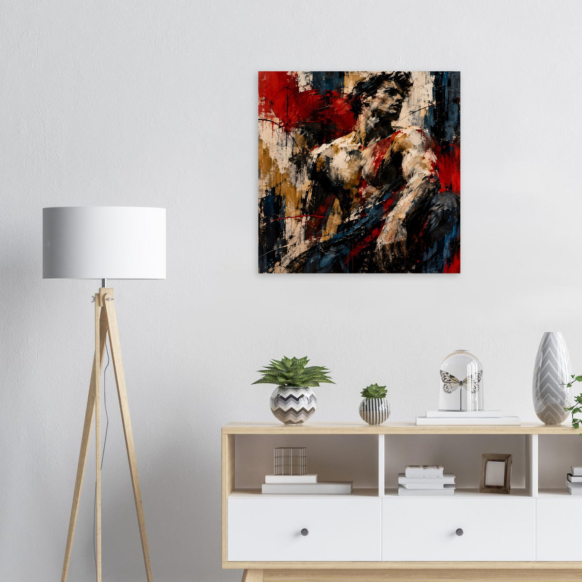 Abstraktes Poster mit roter, schwarzer und beiger Figur in dynamischer Pinseloptik