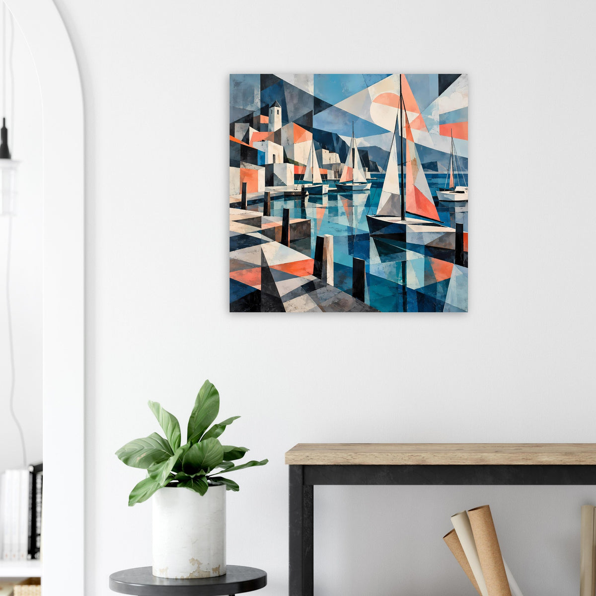 Quadratisches Poster mit Segelbooten im Hafenbecken und orange-korallfarbenen Akzenten