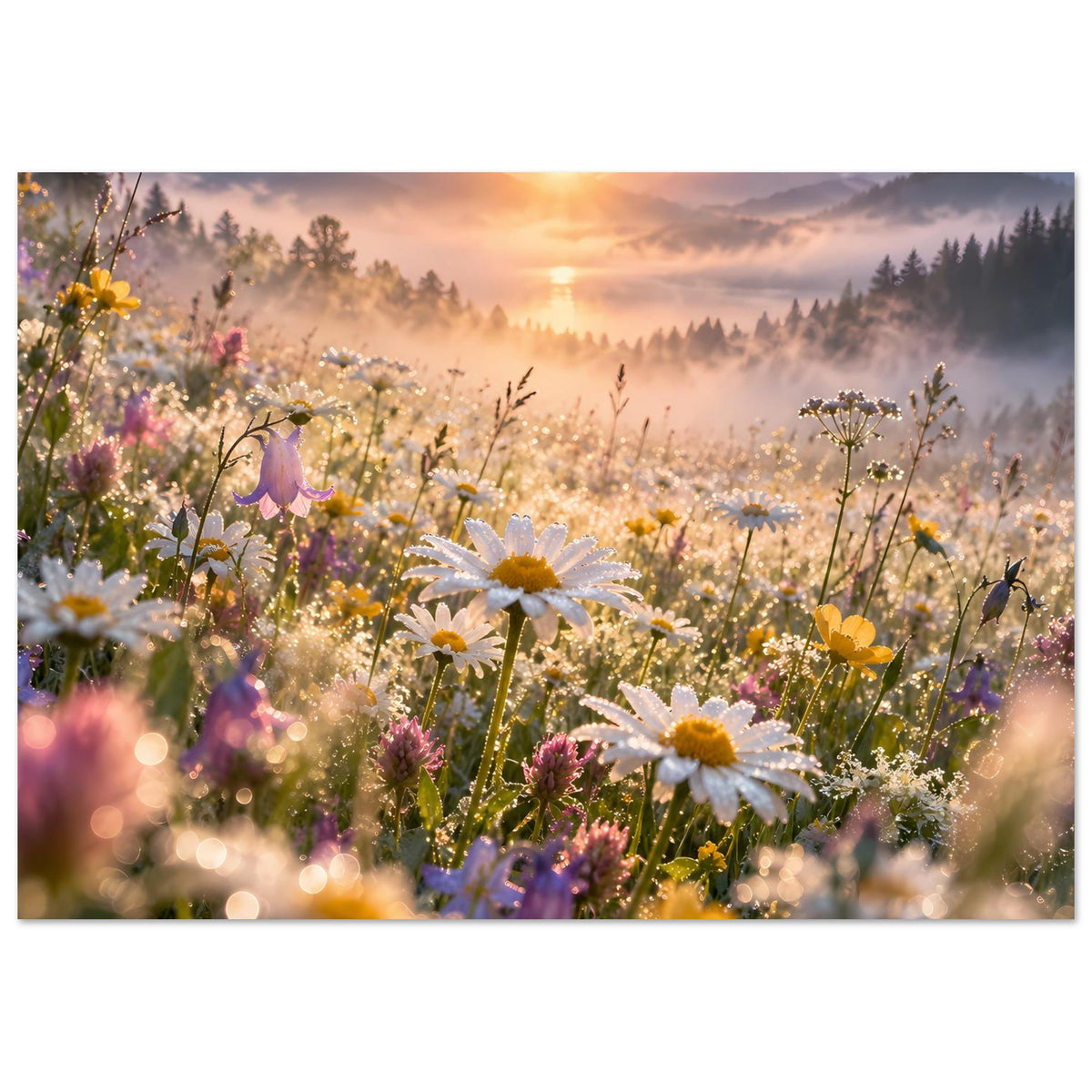 Querformat-Poster mit blühender Wildblumenwiese, gelben und weißen Blüten im Morgennebel