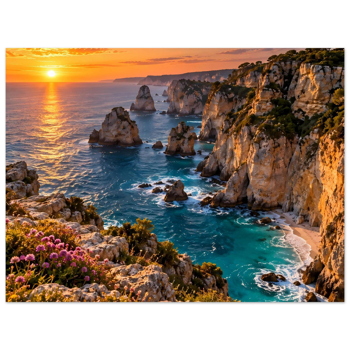 Küstenposter im Querformat: Sonne am Horizont, türkisfarbenes Meer, Felsklippen und Wellen