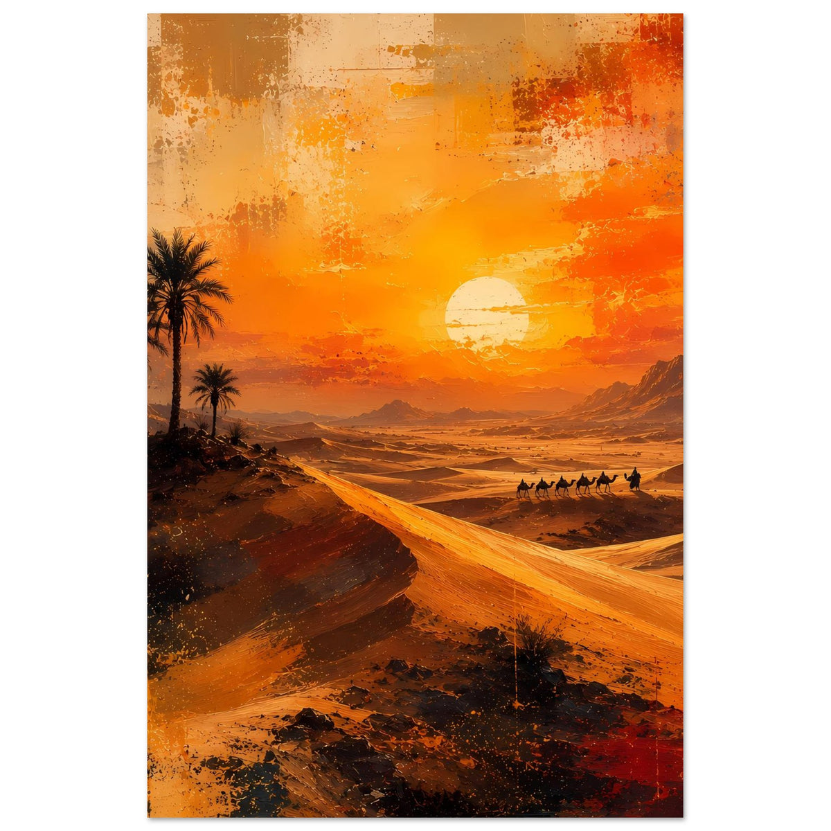 Poster mit Wüstendünen, Palmen links, Karawane rechts und heller Sonne am Horizont