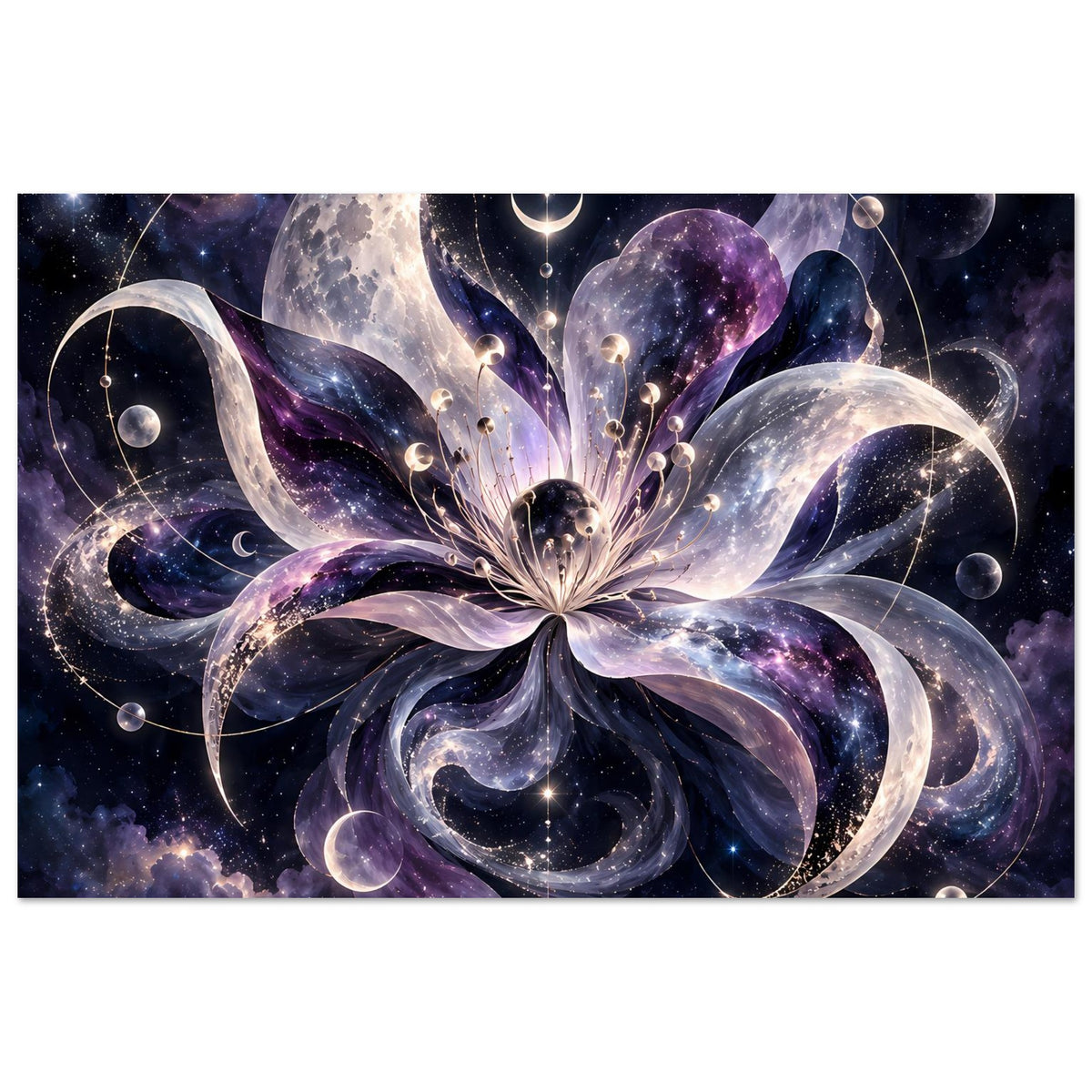 Kosmische Blüte mit Monden, Planeten und Sternen in violett-blauem Weltraum – Motivansicht 25
