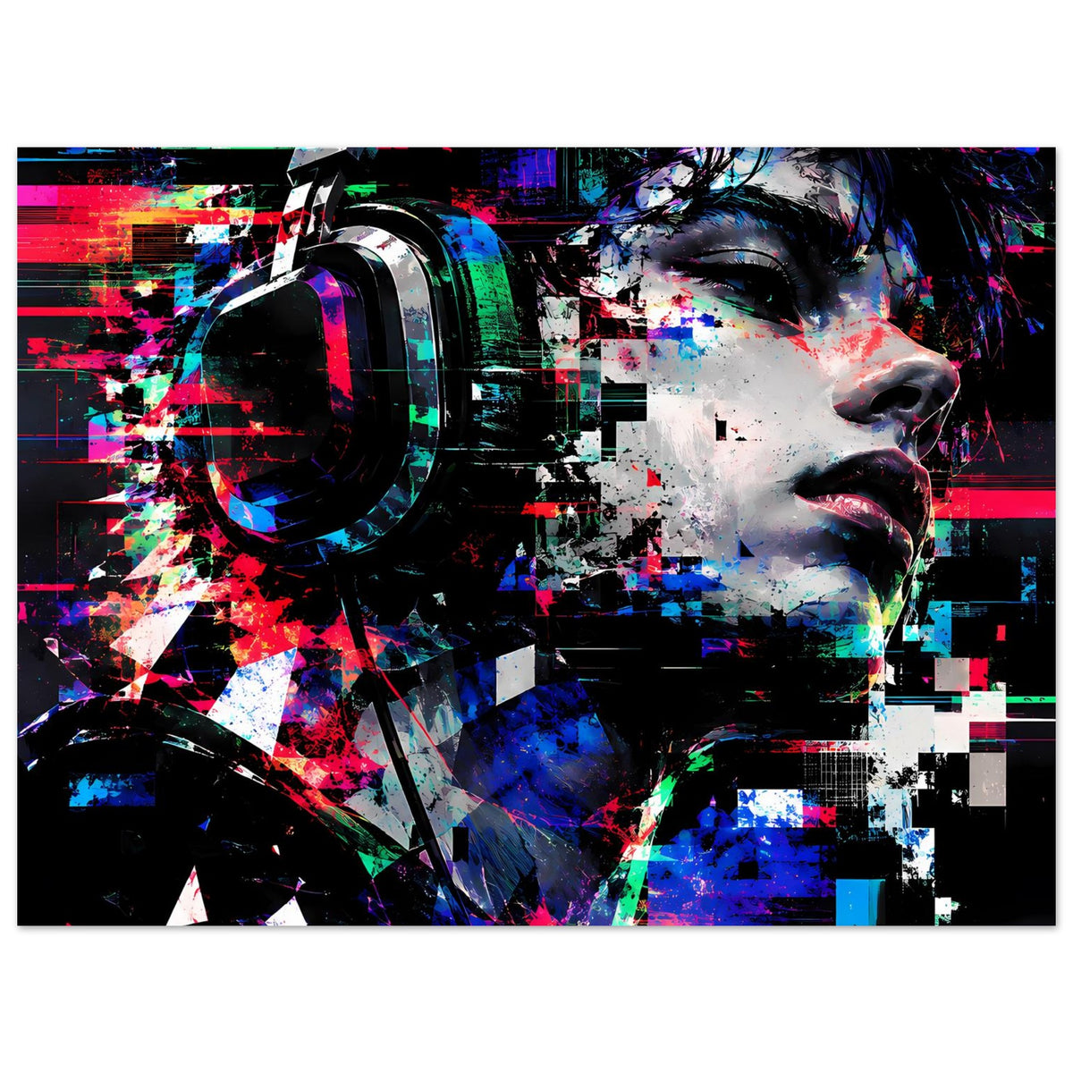 Kunstposter im Querformat mit Porträt rechts, roten Balken und bunten Glitch-Elementen