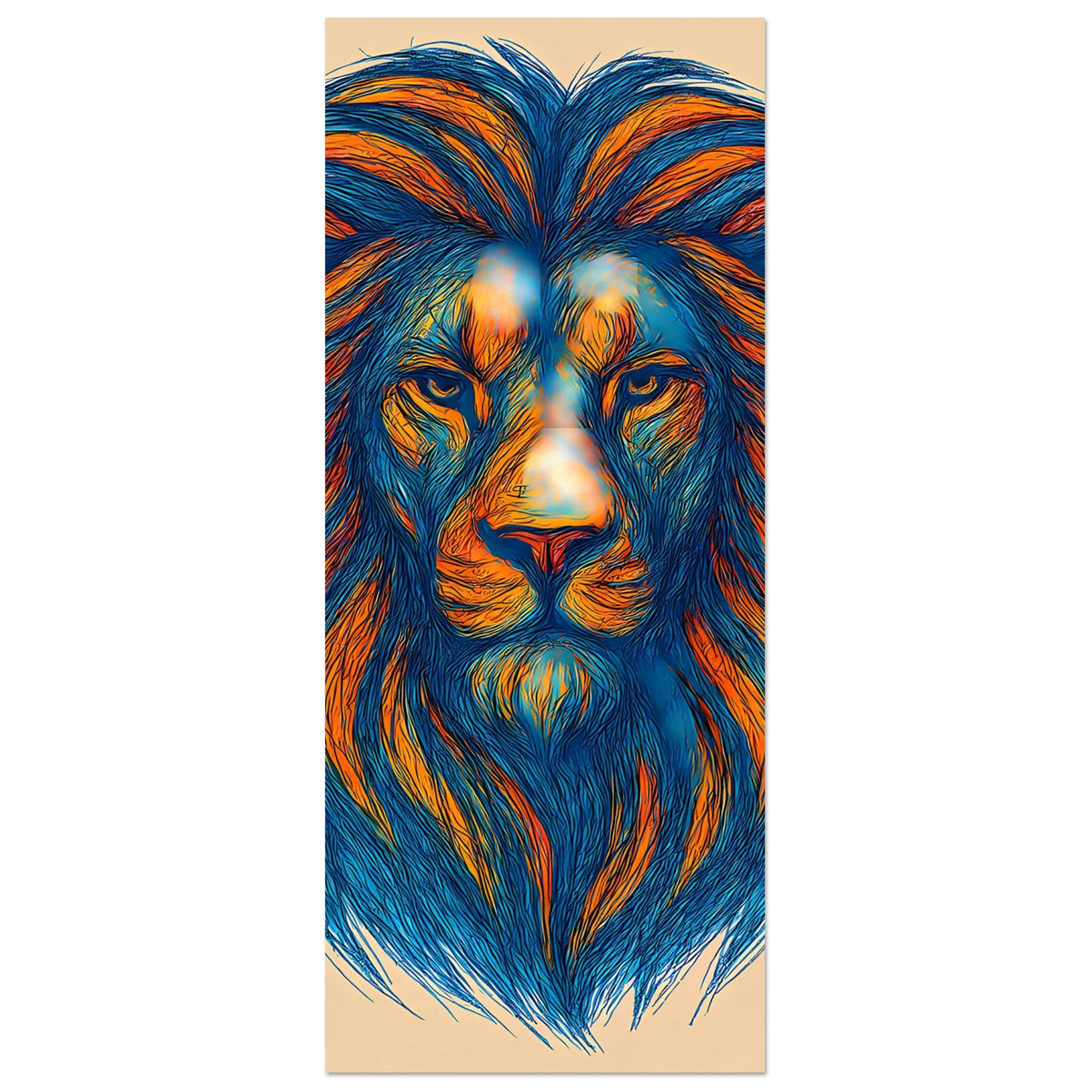 Hochformatiges Löwenporträt-Poster, blaue und orangefarbene Mähne, Kopf zentriert.