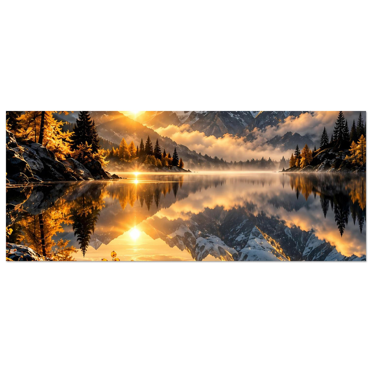 Panoramaposter mit Bergsee-Sonnenaufgang, Alpenfelsen und spiegelnder Wasserfläche