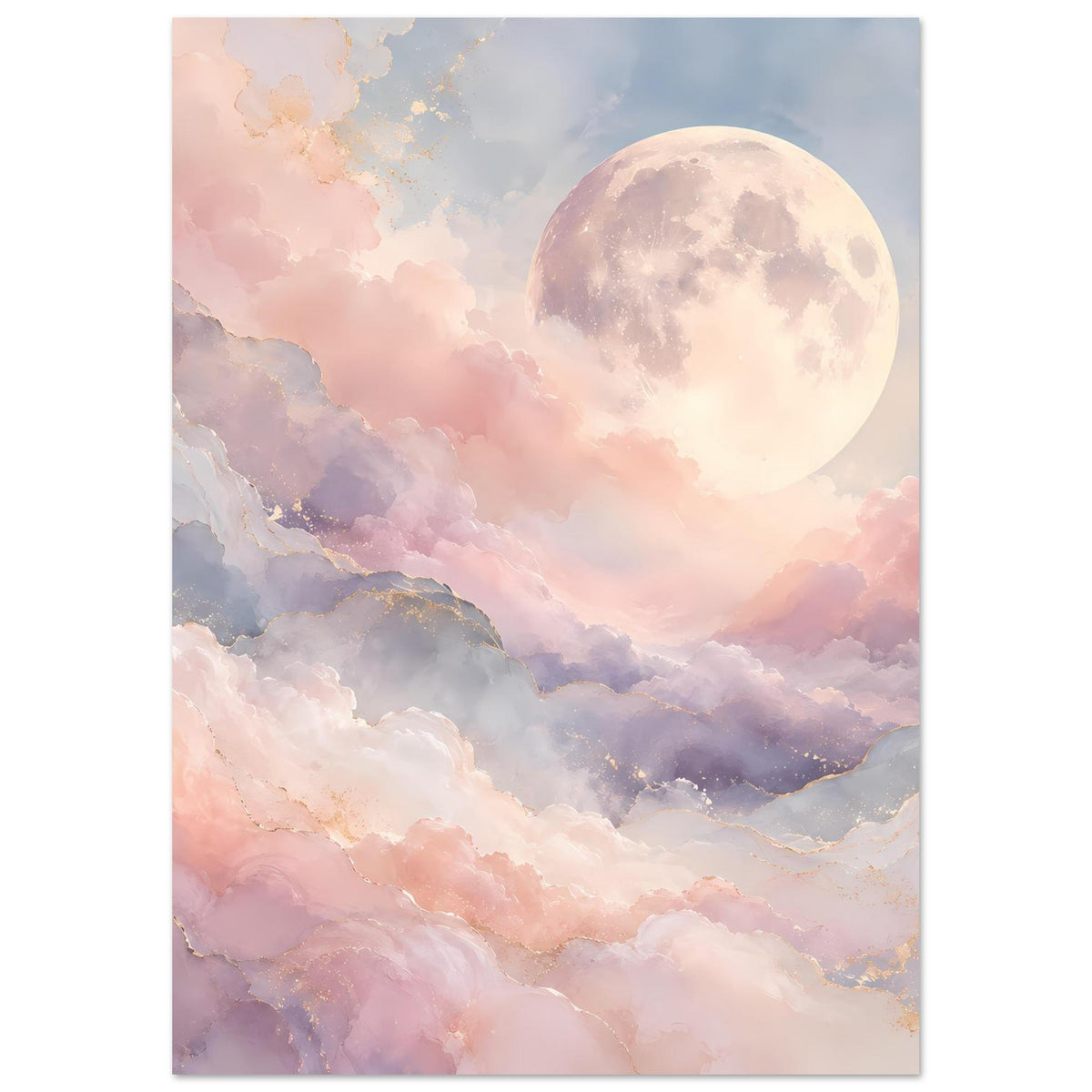 Vertikales Pastellposter: großer Mond über Wolken und sanften Lichtwolken