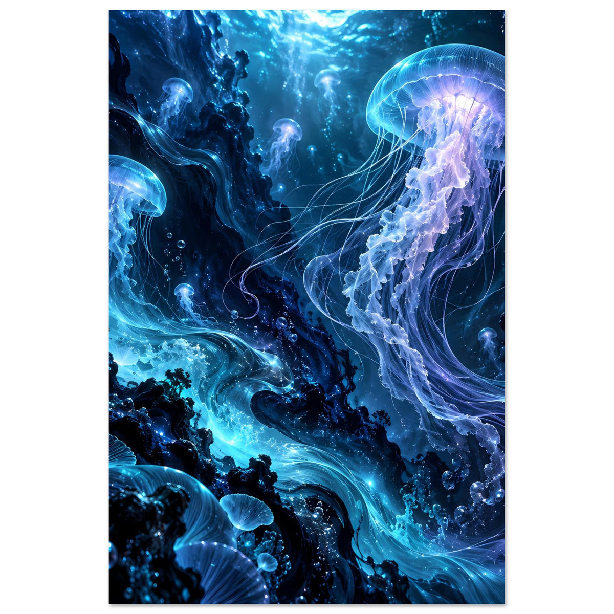 Unterwasser-Poster mit leuchtender Meduse rechts und schwimmenden Quallen im Tiefblau