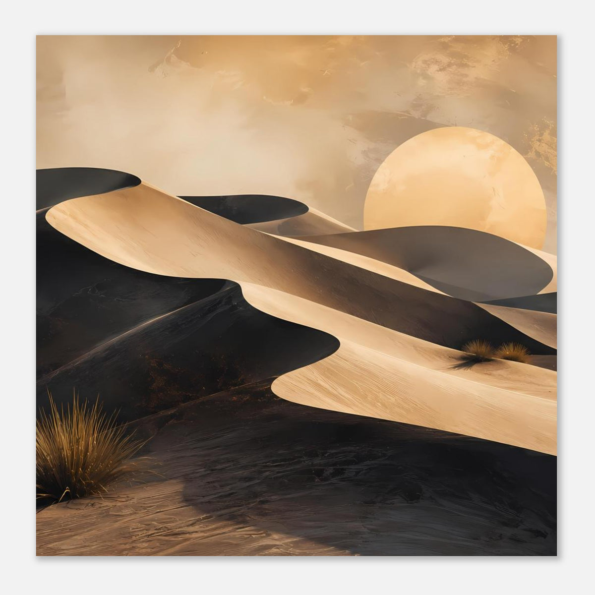Wüstenposter mit goldenen Sanddünen und großem Mond über dunklen Dünen