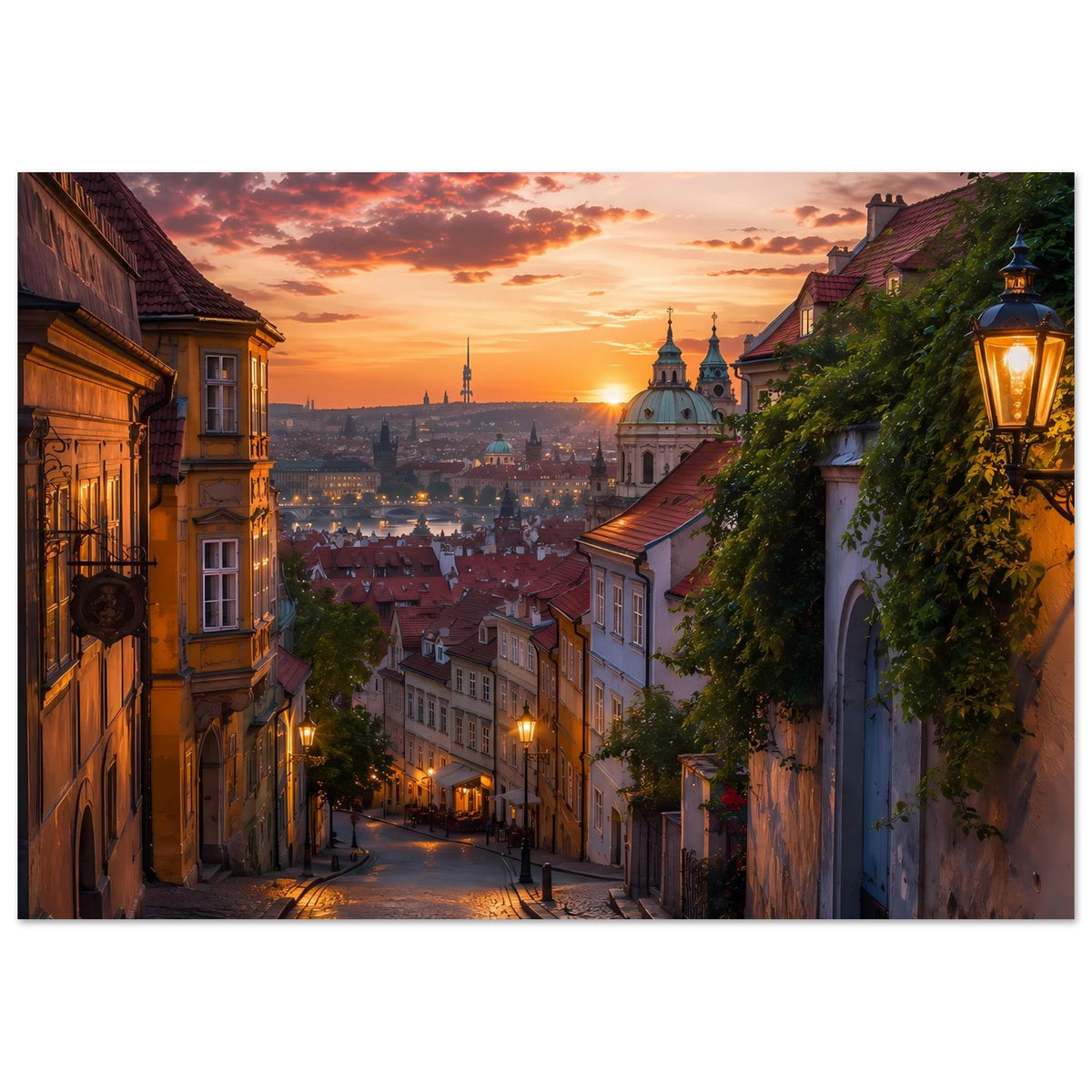 Querformat-Stadtansichts-Poster mit beleuchteter Gasse, warmen Farben und Stadtpanorama