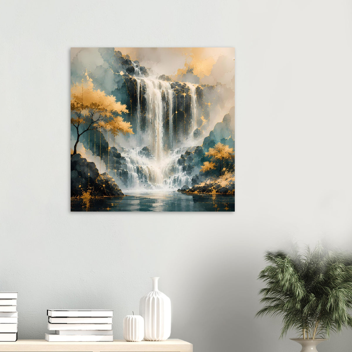 Quadratisches Wandposter mit Wasserfall-Motiv in goldenen und blauen Farbtönen