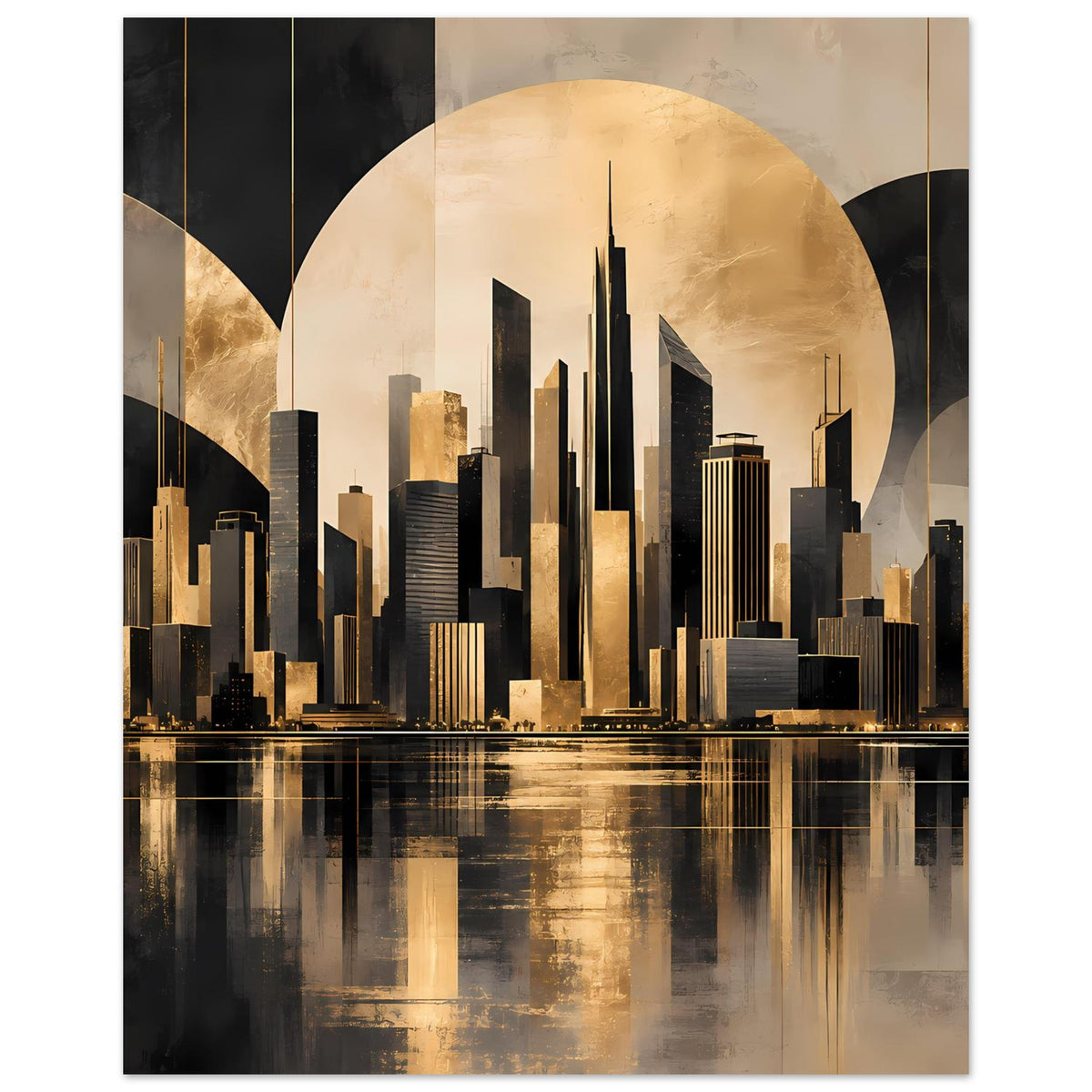 Stadtposter Skyline mit goldenen Akzenten in dunklem Farbton, spiegelnde Wasserlinie