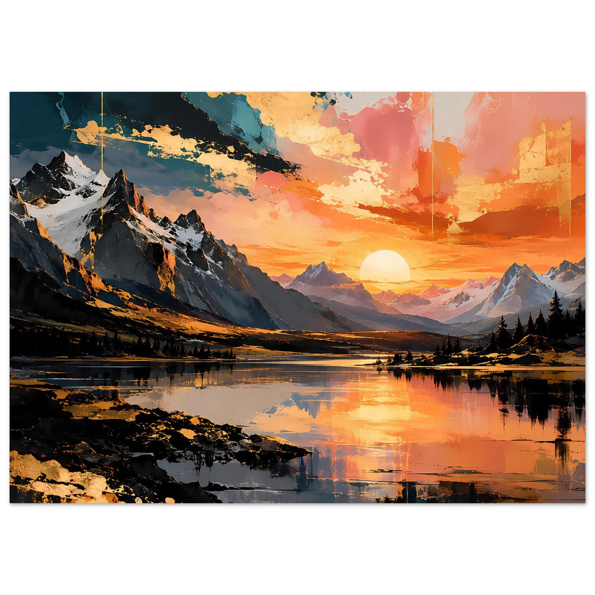 Rechteckiges Poster mit Sonnenuntergang, Berggipfeln und ruhigem See im Lichtschein.