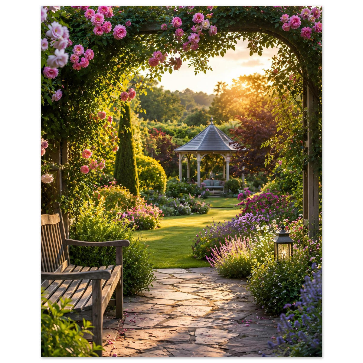Naturposter mit Blumenlaube, Gartenweg und Pavillon, Holzbank im Vordergrund