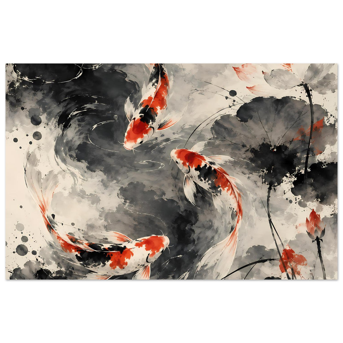 Poster mit Koi-Fischen im asiatischen Tusche-Stil, schwarze, weiße und orangefarbene Flossen