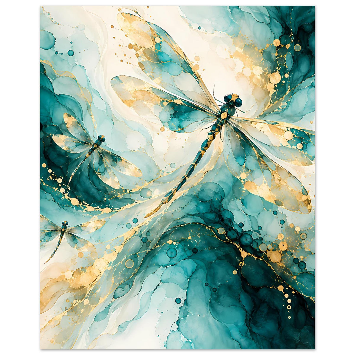 Kunstposter mit abstrakten Libellen in Türkis und Gold, Hochformat mit Fokus auf eine Libelle.