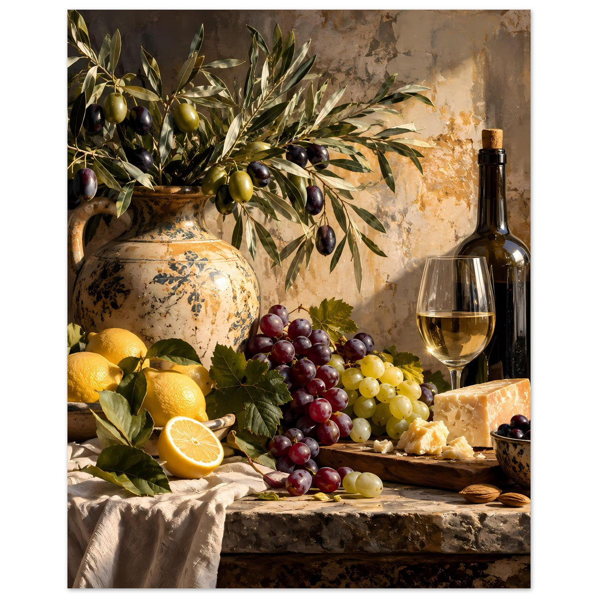 Still-Life-Poster: Trauben, Zitronen und Weinflasche mit Glaskelch; Olivenzweige über Keramikschalen