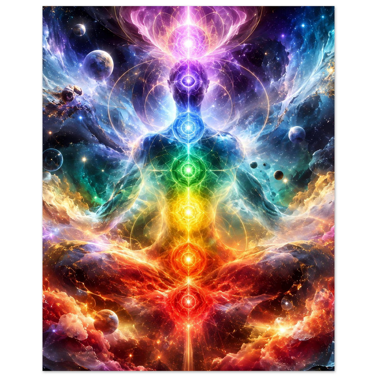 Vertikales Meditationsposter mit Chakren-Energiefluss, Regenbogenfarben und Sternenraum-Design