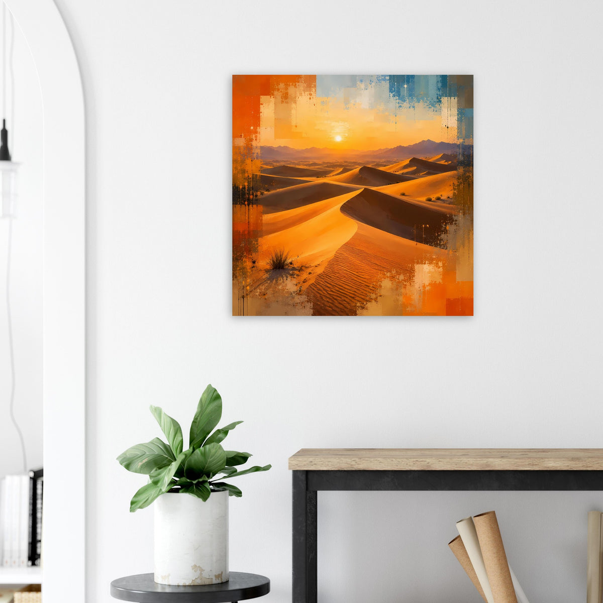 Wüstenlandschafts-Poster mit Sanddünen und Sonnenuntergang, warmen Erdtönen, quadratisch