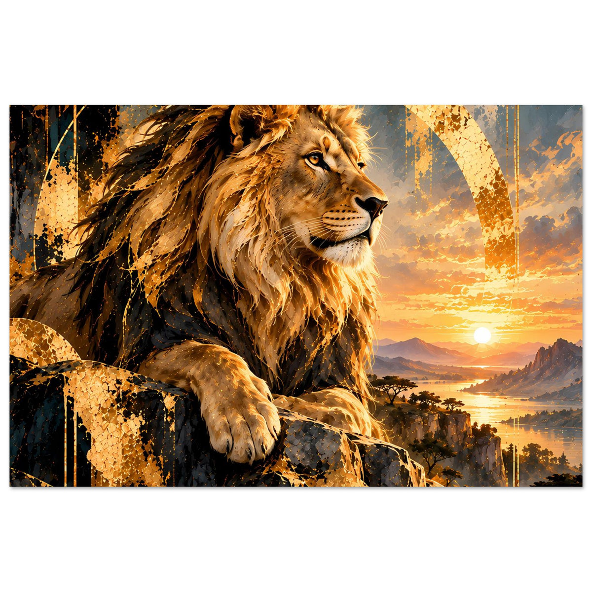 Löwen-Poster im Querformat: goldener Löwe auf dunklen Felsen, Sonnenuntergang
