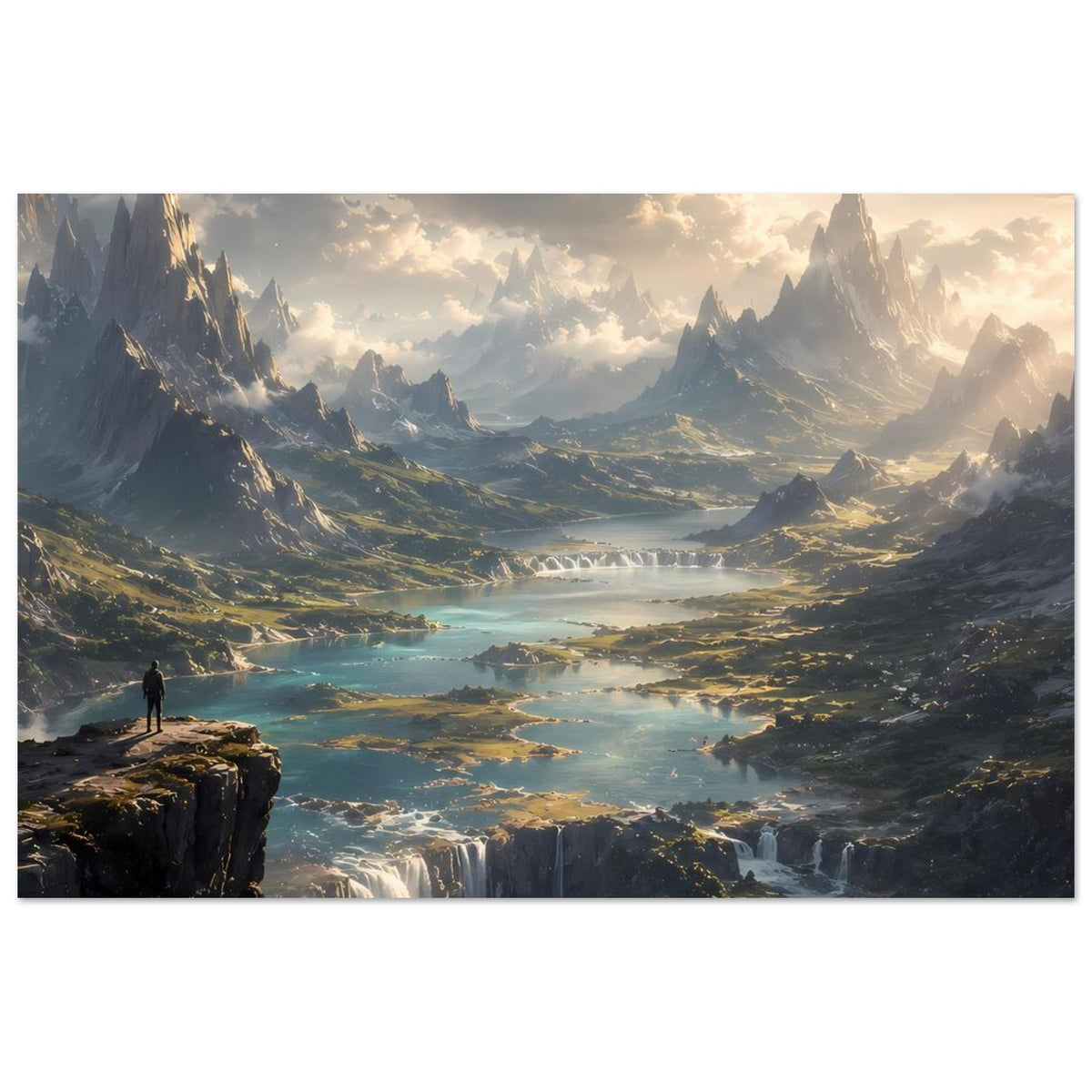 Landschaftsposter (horizontal): Weite Schlucht mit Fluss, Wasserfällen und Gebirgsflanken