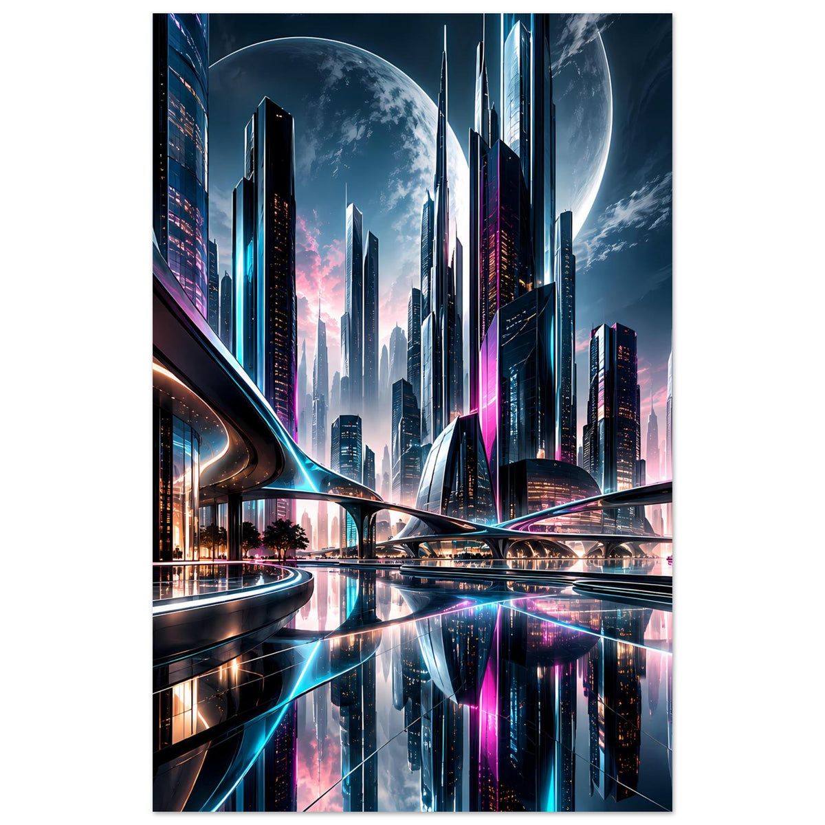 Poster mit Neon-Hochhäusern, gebogenen Brücken und großer Mondkugel im Himmel