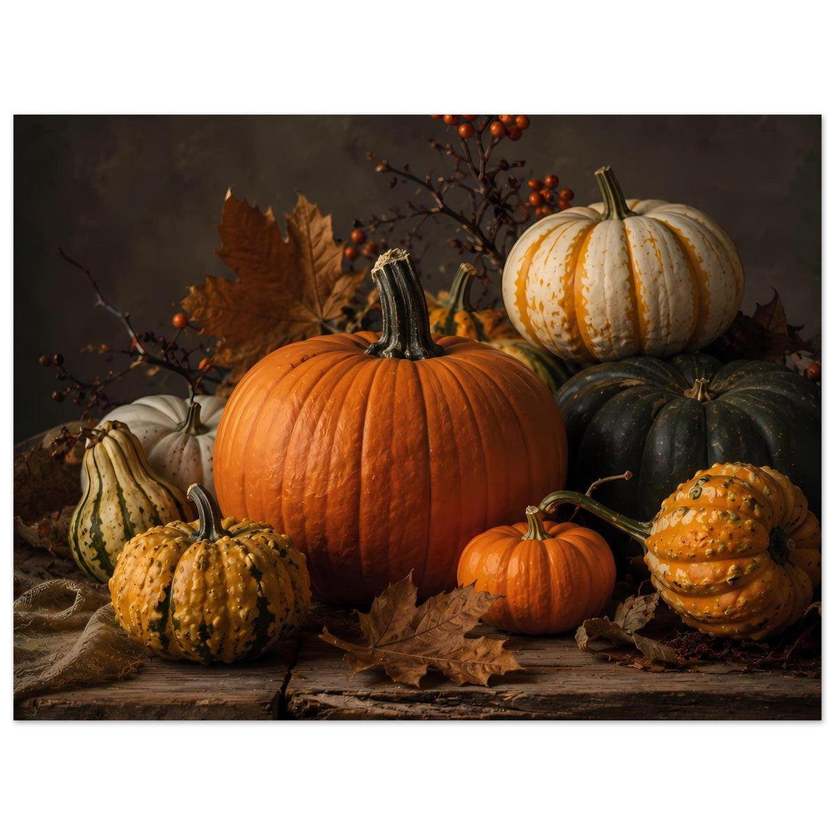 Premium-Poster mit Kürbis-Komposition: orangefarbene und schwarze Kürbisse mit Herbstblättern