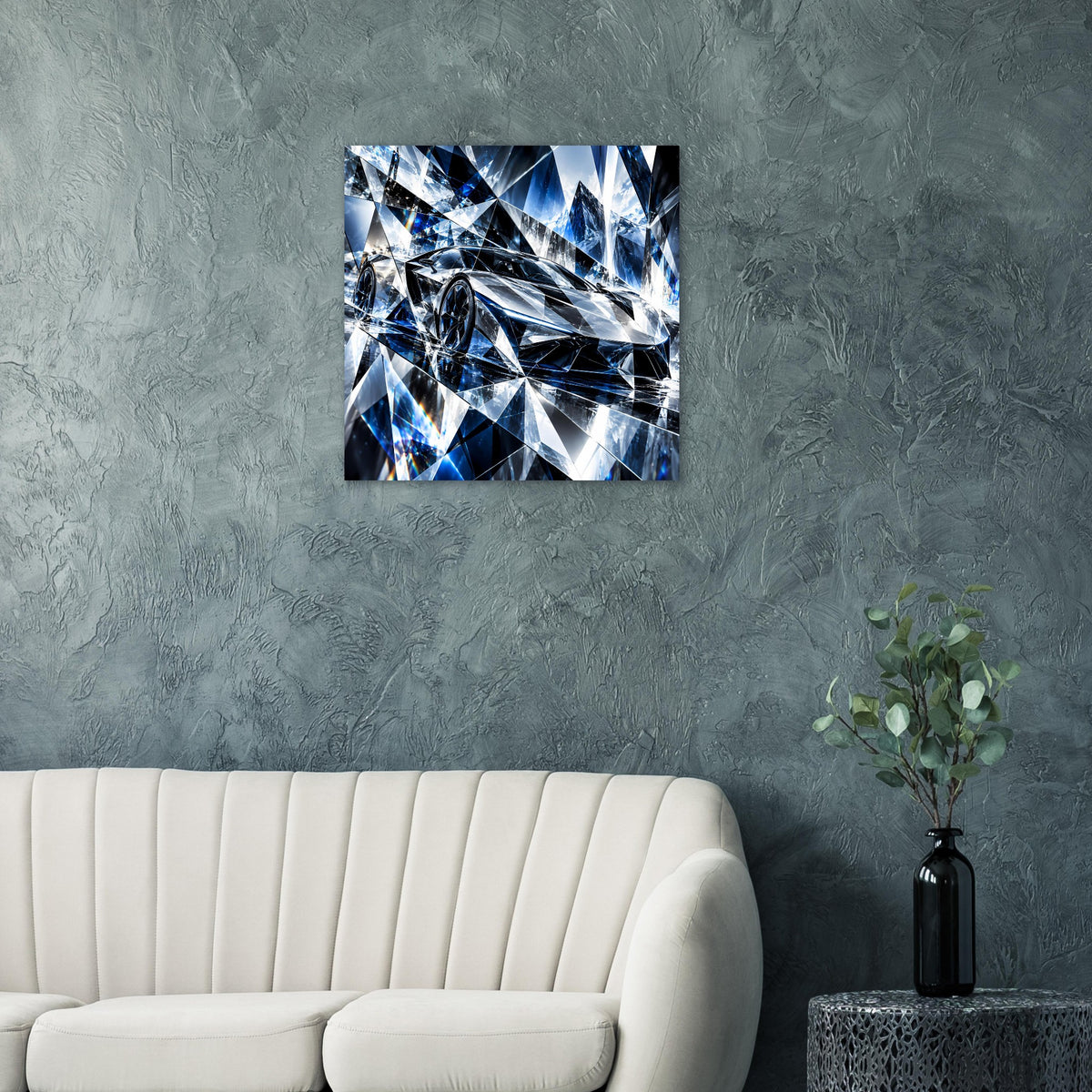 Blau-silbernes Kristall-Artwork-Poster mit Sportwagenkontur im Dreiecksdesign