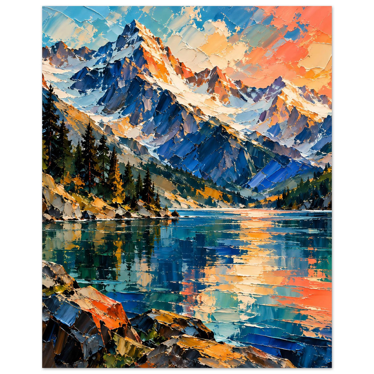 Hochformat Poster mit schroffen Bergen, türkisblauem See und orangefarbenem Himmel, mit Spiegelung