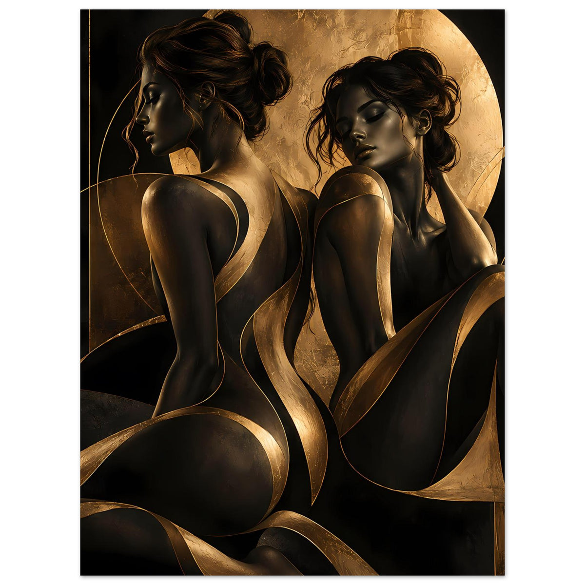 Kunstposter mit zwei Akt-Silhouetten in Schwarz und Gold, Blickrichtungen nach links
