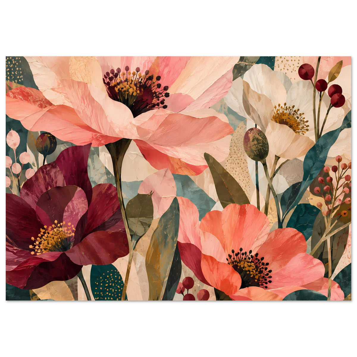 Blumen-Artposter mit großen Korallen- und Burgunderblüten, Blättern in Grün, abstrakt