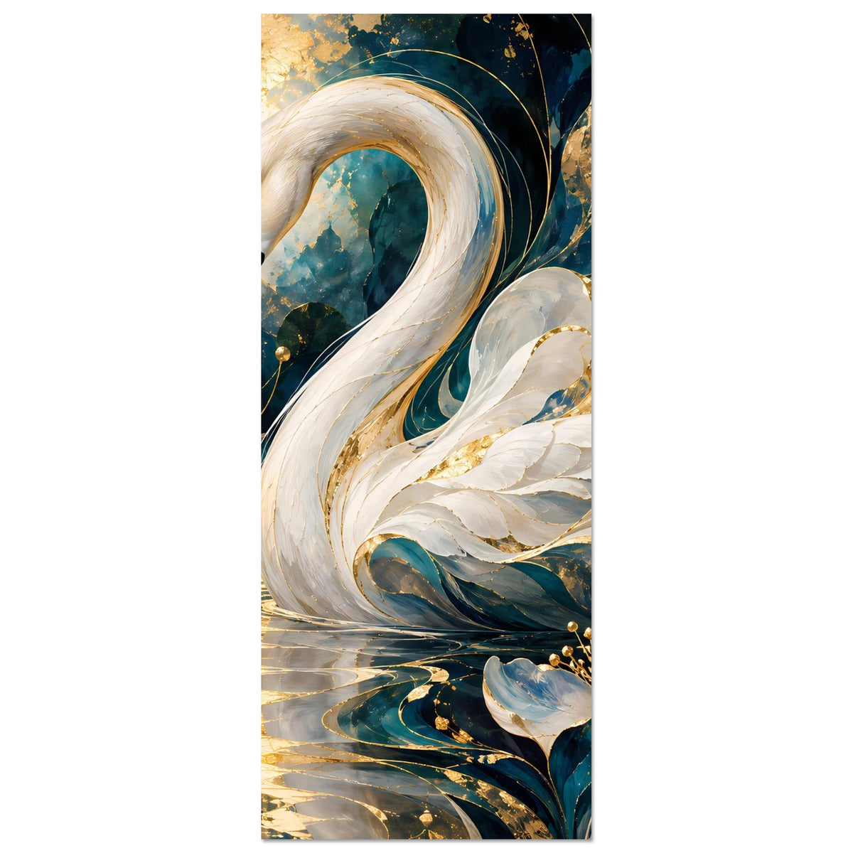 Hochformat-Poster: weißer Schwan mit türkisblauen Wellen und goldfarbenen Verzierungen