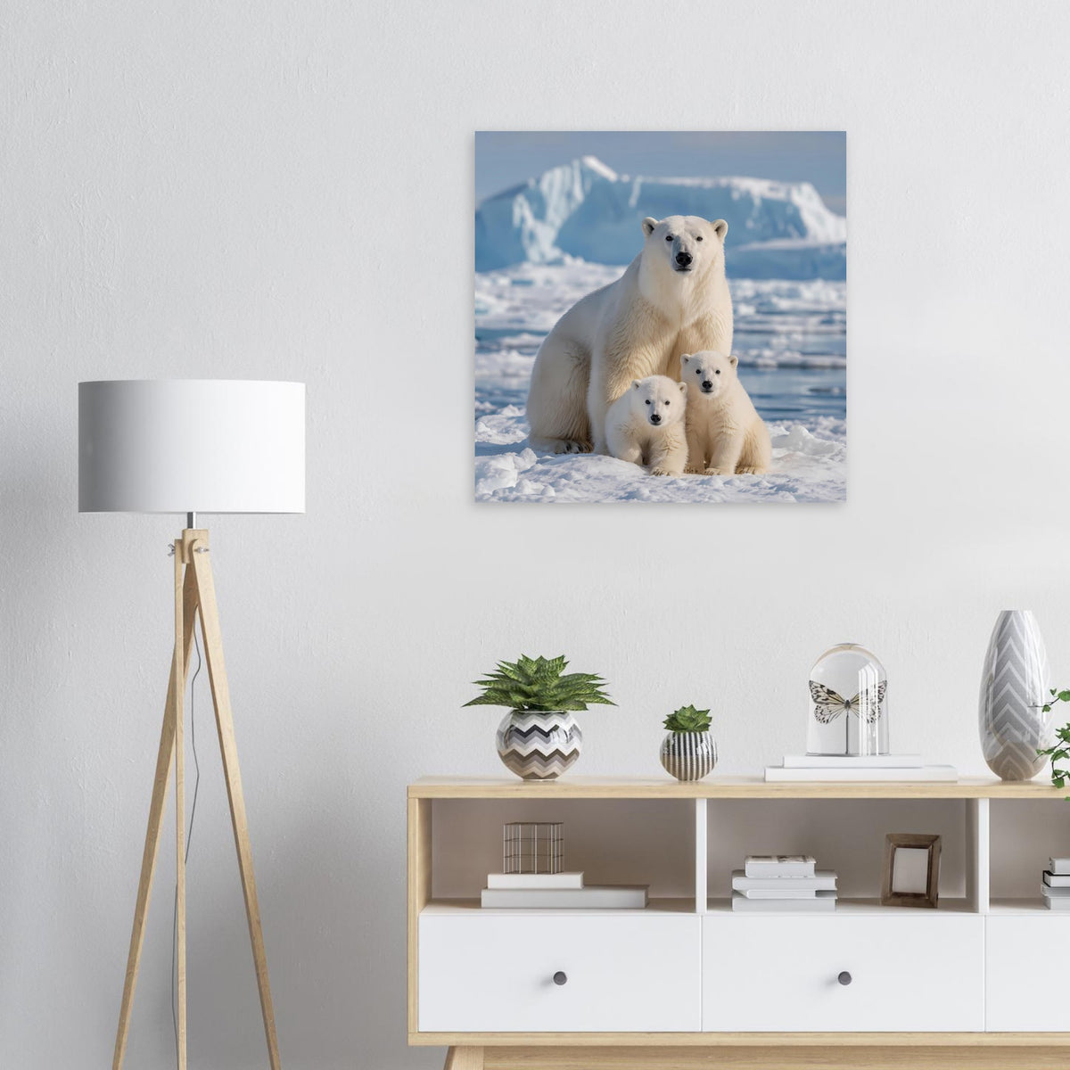 Quadratischer Kunstdruck mit Eisbärenfamilie auf verschneiter Landschaft