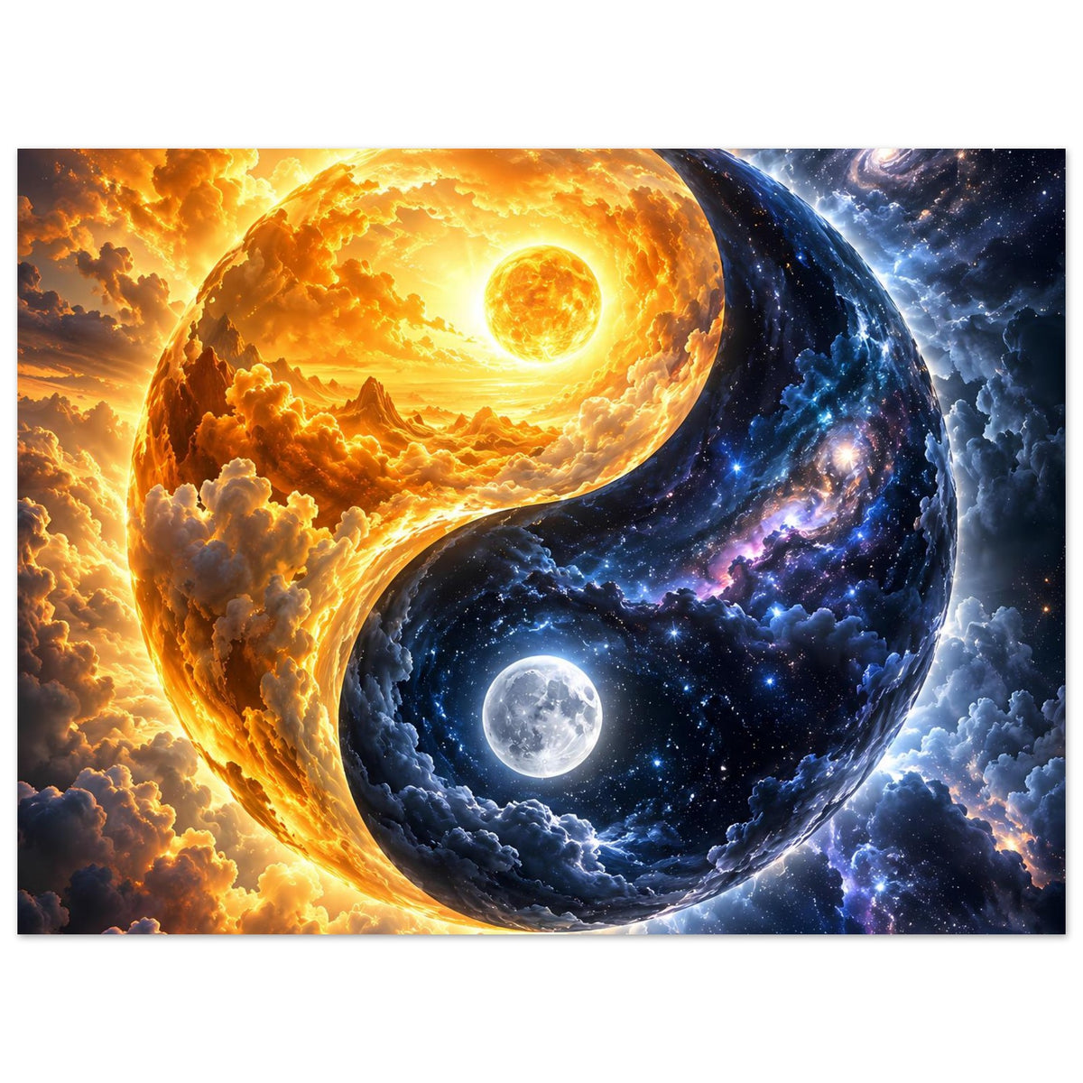 Poster im Querformat mit Yin-Yang-Design: leuchtende Sonne, blauer Kosmos, Mond im Zentrum