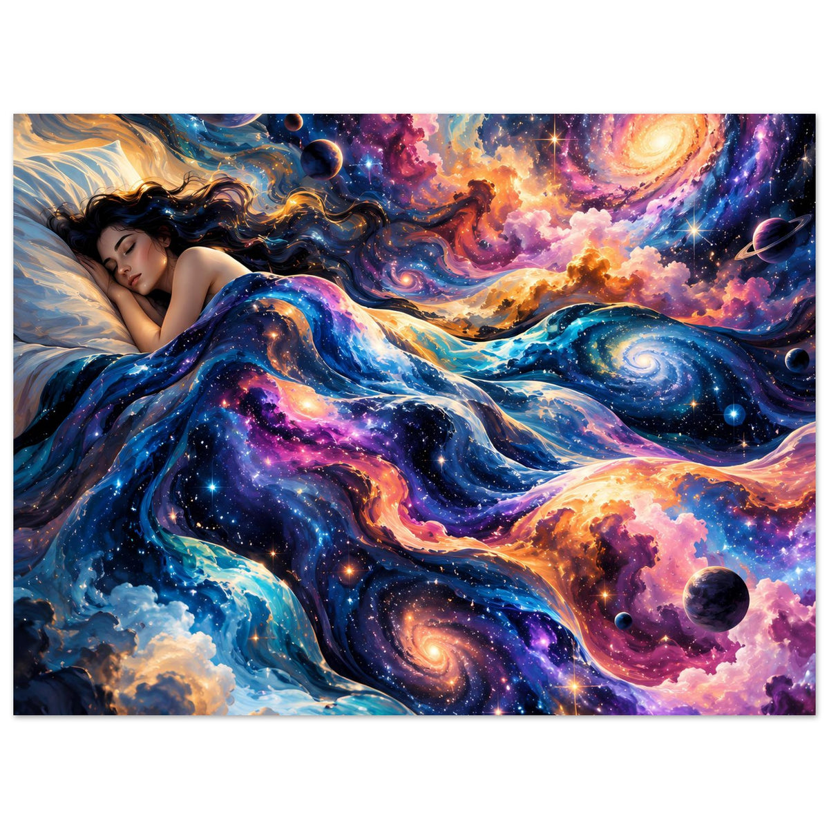 Galaxie-Poster im Querformat: Frau in leuchtenden Nebeln, Planeten und Funken-Sternen