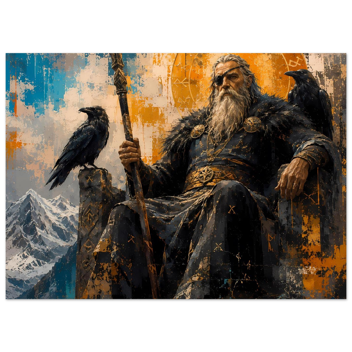 Norse-Gott Poster im Querformat: bärtiger Krieger mit Speer, zwei schwarze Raben, orange Rune-Kreis