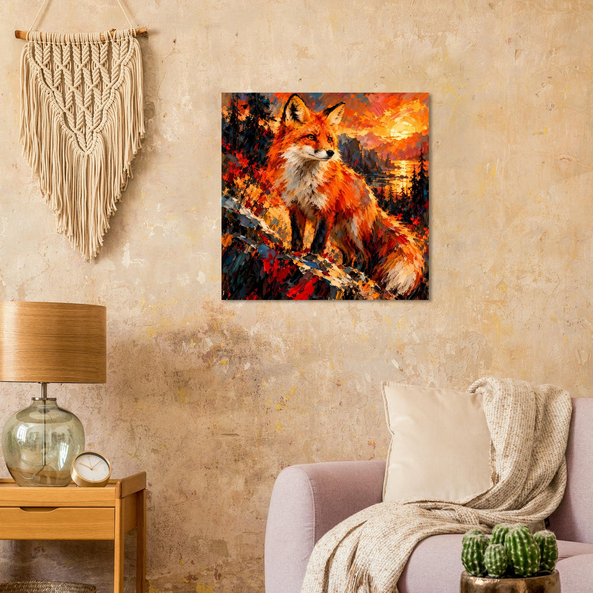 Quadratisches Poster zeigt ein Fuchs-Porträt mit kräftigen Orange- und Rotakzenten