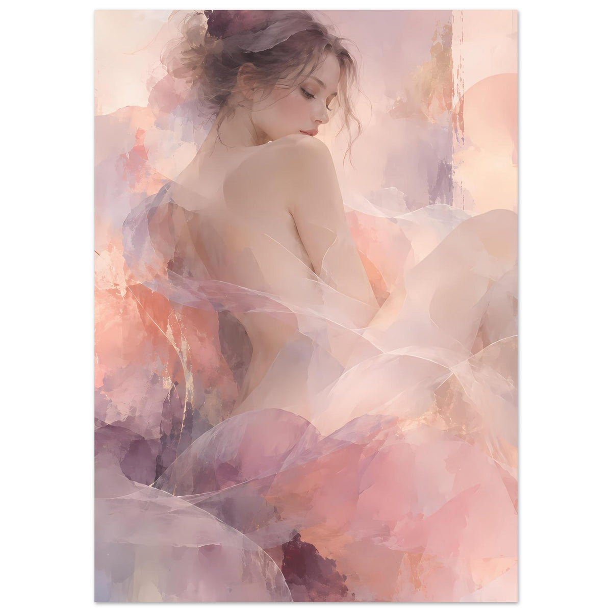 Vertikales Poster mit Aquarell-Porträt einer Frau, weiche Pastellfarben in Rosa und Lila