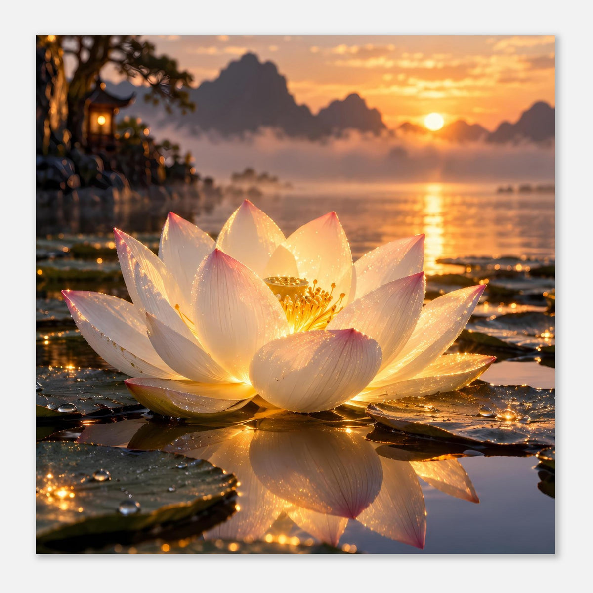 Premium-Poster mit klarer Lotusblüte, hellen Blütenblättern und Spiegelbild auf der Oberfläche