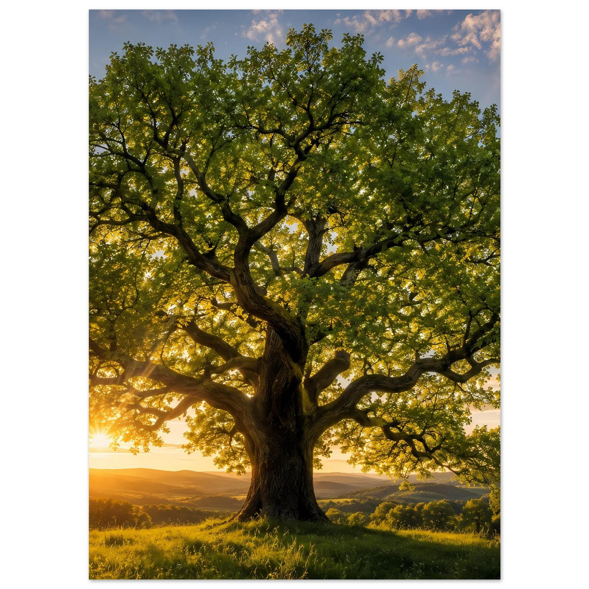 Poster mit großem Baum im Feld, grüne Krone und goldene Lichtstimmung