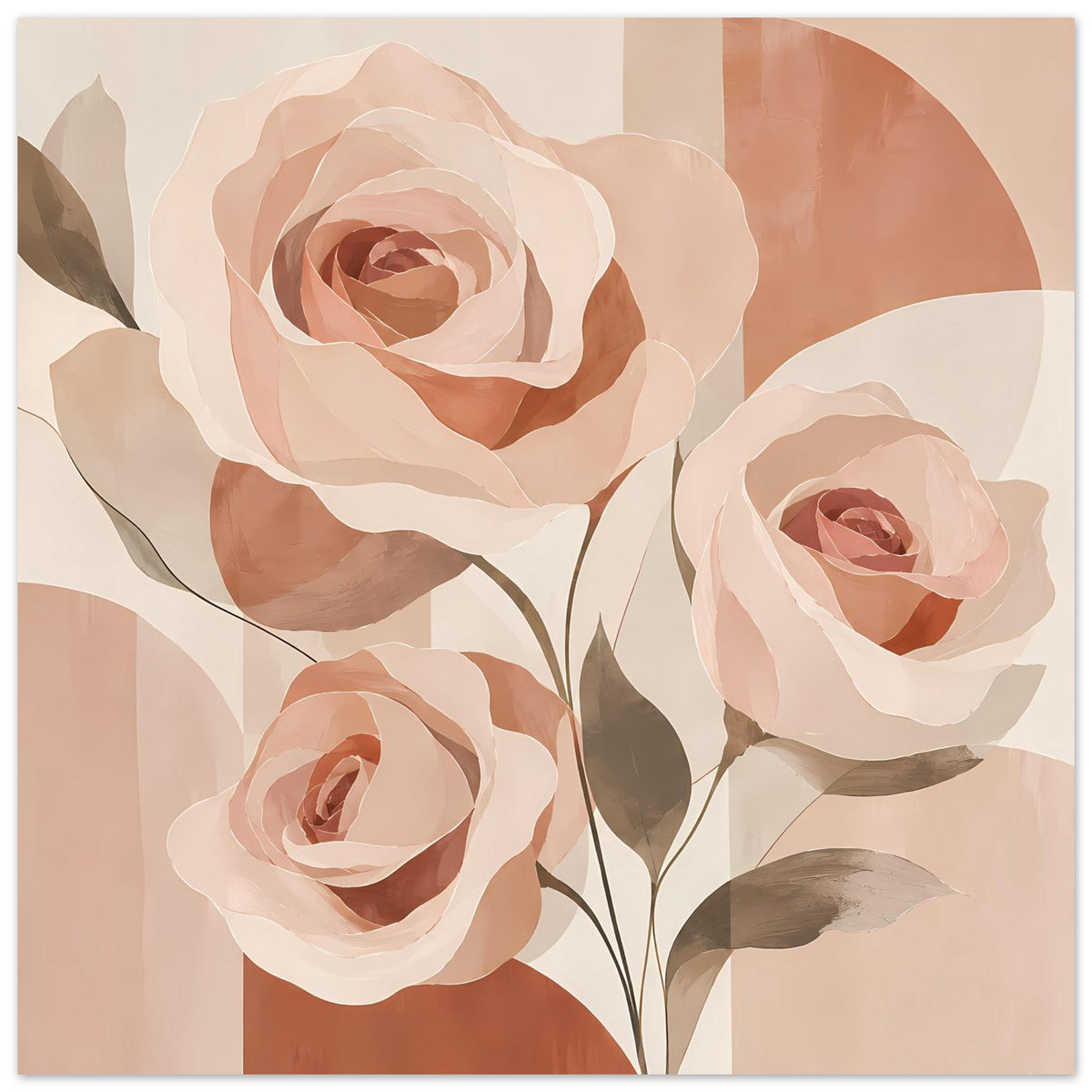 Florales Poster mit großen Rosen in Rosa, Pfirsich und beigen Tönen, mit Blättern