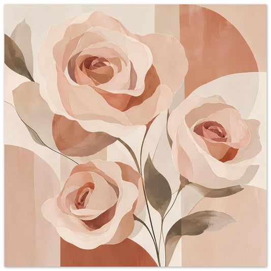 Florales Poster mit großen Rosen in Rosa, Pfirsich und beigen Tönen, mit Blättern