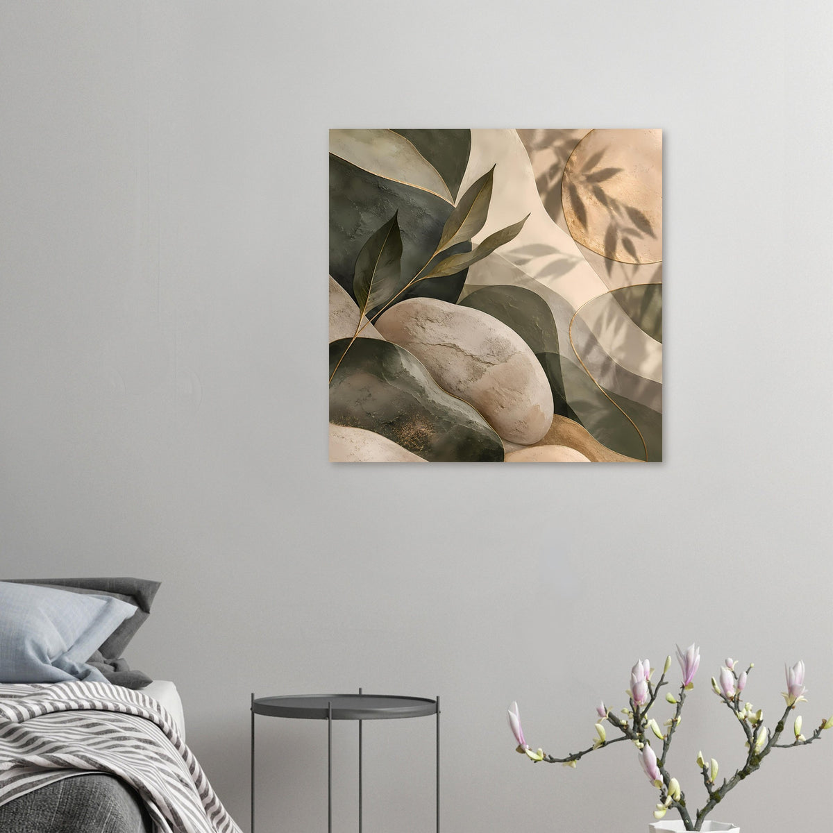 Abstraktes Poster im Querformat mit Stein- und Blattmotiv in gedämpften Naturtönen