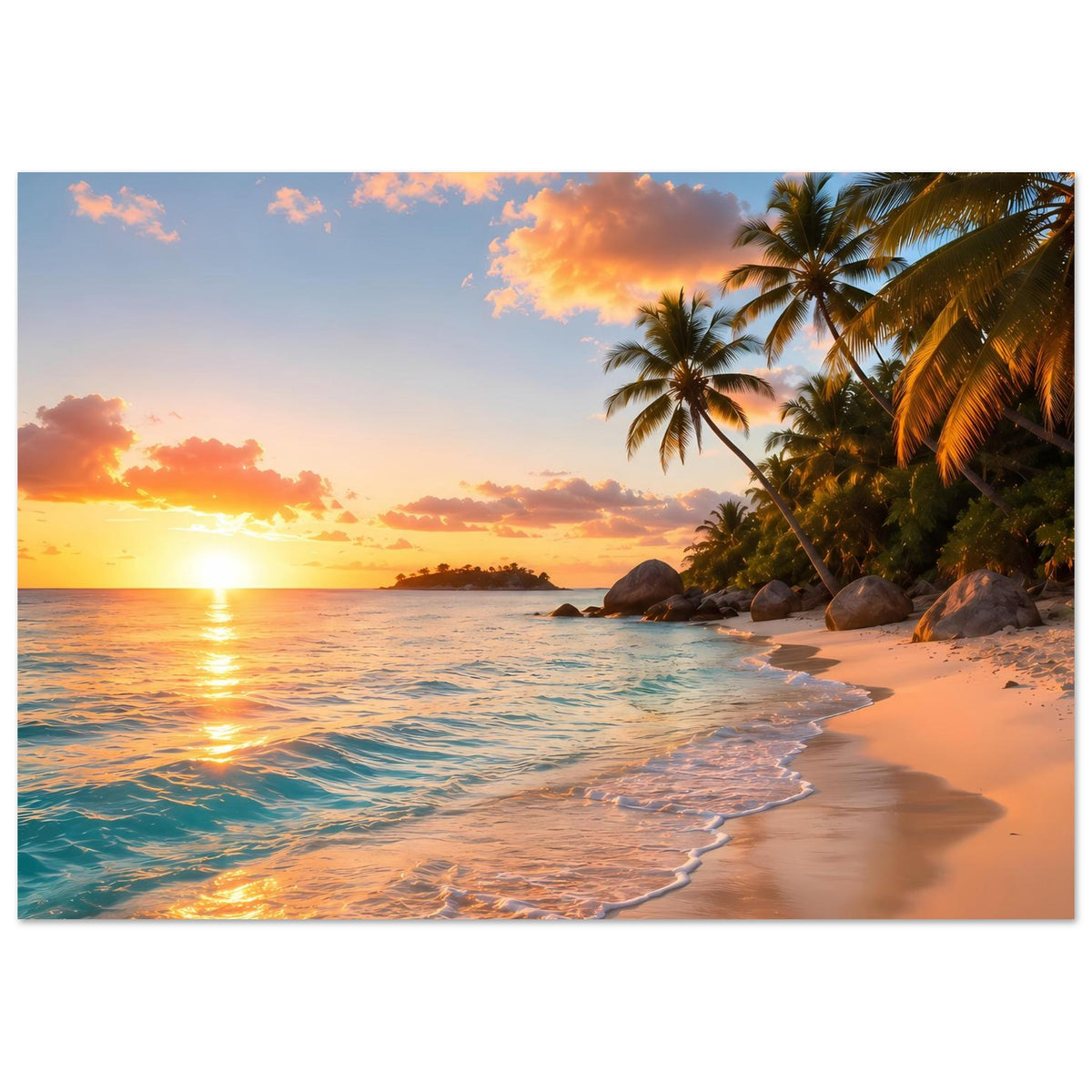 Poster mit tropischem Strand bei Sonnenuntergang, Palmen rechts und Lichtspur auf dem Meer