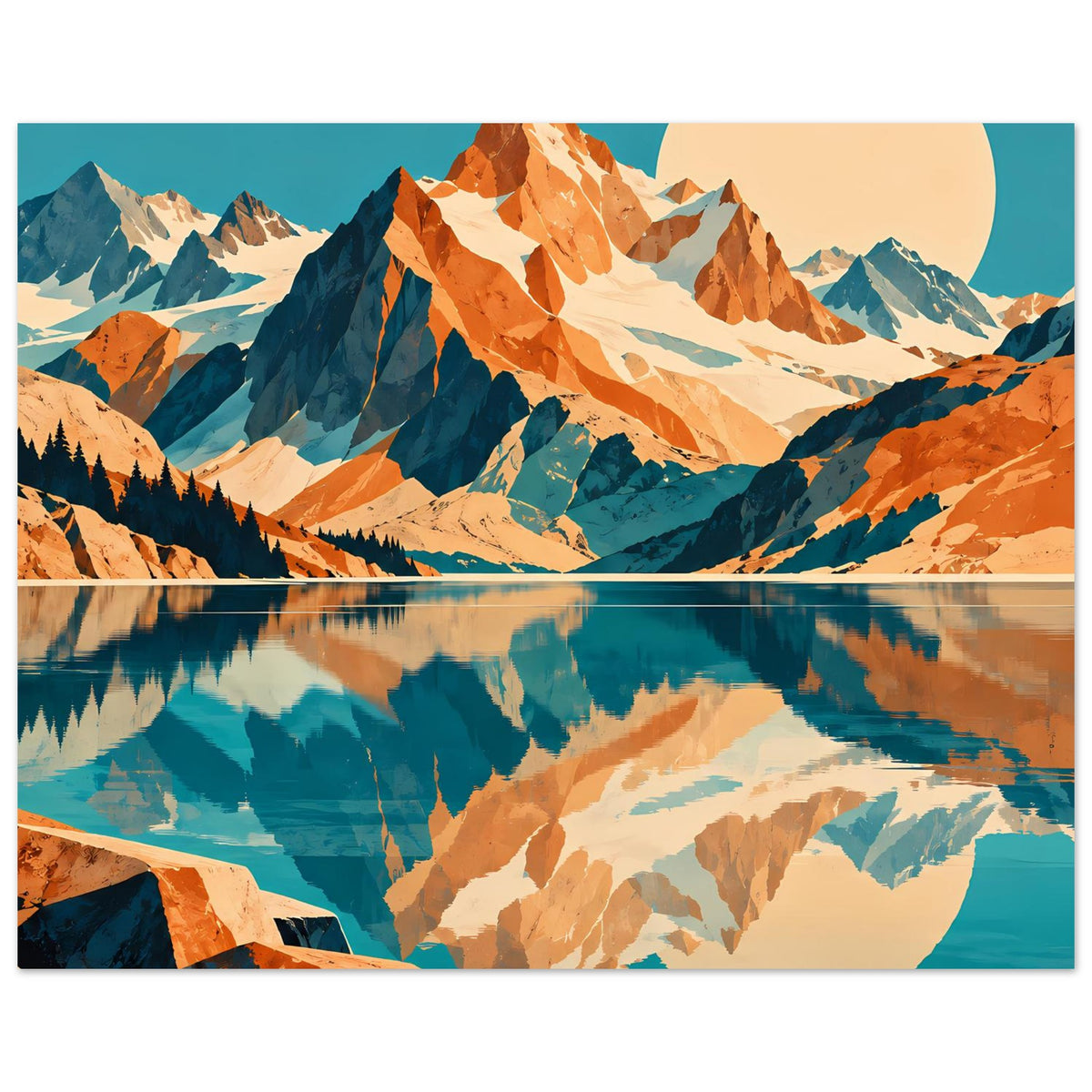 Naturposter (querformatig) mit Gebirge über ruhigem See, Spiegelung, Blau und Orange